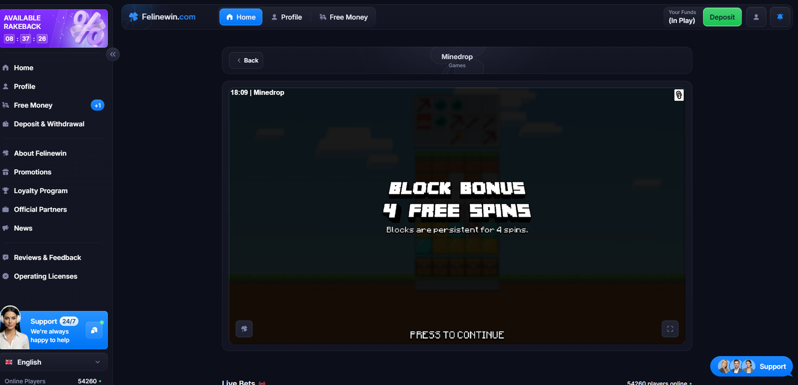 Bonus round running inside a game window with live support available